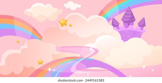 Un paisaje de cuento de hadas caprichoso con un castillo sobre nubes, arco iris y estrellas, en tonos pastel sobre un fondo rosa, evocando la fantasía y la magia. Ilustración vectorial