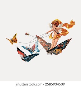 A whimsical fairy with wings rides colorful butterflies. The fairy, with delicate wings, guides the butterflies in a magical, enchanting scene. Vintage animal illustration vector.