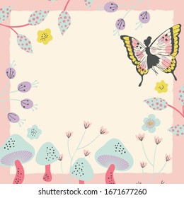 Whimsical Fairyland with Mushrooms and Flowers Vector Frame Background