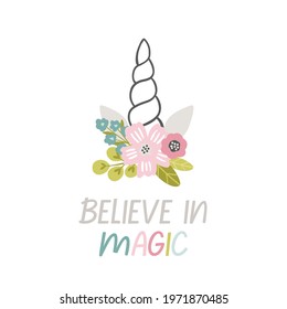 Whimsical fairytale baby and nursery poster, card design with flowers and unicorns