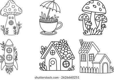 Whimsical Fantasy Houses and Nature Doodles – Black and White Line Art Collection