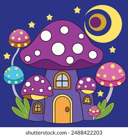 A whimsical fantasy landscape with a towering tree house nestled among vibrant mushroom caps, a starry night sky with a crescent moon