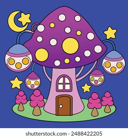 A whimsical fantasy landscape with a towering tree house nestled among vibrant mushroom caps, a starry night sky with a crescent moon