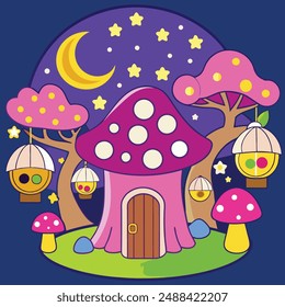 A whimsical fantasy landscape with a towering tree house nestled among vibrant mushroom caps, a starry night sky with a crescent moon