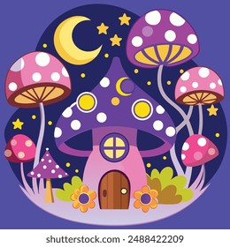 A whimsical fantasy landscape with a towering tree house nestled among vibrant mushroom caps, a starry night sky with a crescent moon