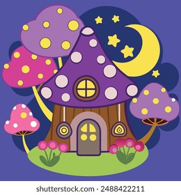 A whimsical fantasy landscape with a towering tree house nestled among vibrant mushroom caps, a starry night sky with a crescent moon