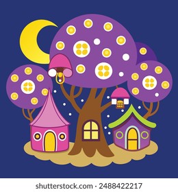 A whimsical fantasy landscape with a towering tree house nestled among vibrant mushroom caps, a starry night sky with a crescent moon