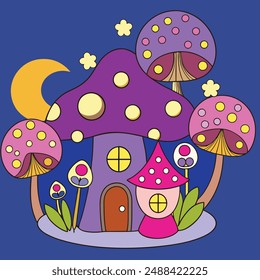 A whimsical fantasy landscape with a towering tree house nestled among vibrant mushroom caps, a starry night sky with a crescent moon