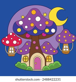 A whimsical fantasy landscape with a towering tree house nestled among vibrant mushroom caps, a starry night sky with a crescent moon