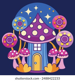 A whimsical fantasy landscape with a towering tree house nestled among vibrant mushroom caps, a starry night sky with a crescent moon