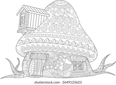 Whimsical fantasy mushroom house line art with intricate patterns, perfect for coloring books and creative projects.