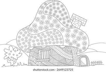 Whimsical Fantasy Mushroom House Line Art Illustration with Zentangle Inspired Patterns, Perfect for Creative Coloring Books and Activities.