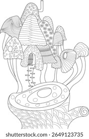 Whimsical Fantasy Mushroom House Line Art Illustration for Coloring Book Pages, Creative Crafts, and Imaginative Children's Projects, Detailed Doodle Style Design on White Background