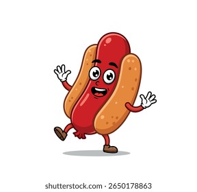 Whimsical fast food hot dog mascot illustration with happy expression, ideal for menu design, food trucks, or animated content.
