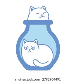 A whimsical flat design featuring two adorable white cats inside a blue glass jar. One cat is happy and peering out while the other looks grumpy. Perfect for decor.