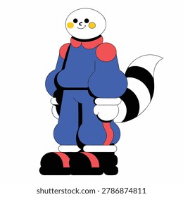 A whimsical, flat design illustration of a character resembling a robot or mascot, wearing a blue jumpsuit with red accents and a distinctive black and white striped raccoon tail.
