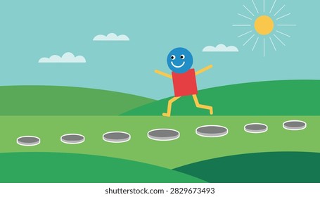 Whimsical flat design illustration of a cheerful simple character running on stepping stones across a green valley.