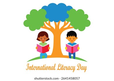 Whimsical flat vector art for International Literacy Day—children reading under a magical tree with branches forming letters and words. Vibrant colors celebrate literacy and  imagination.