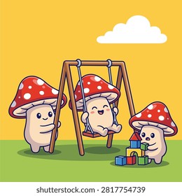 A whimsical flat vector illustration featuring three cute red-capped mushrooms playing on a swing set and building with blocks on a sunny day.