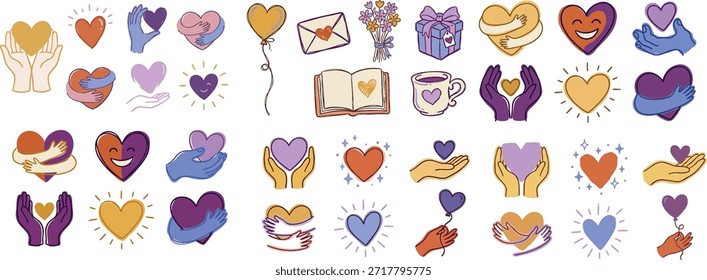 Una caprichosa hoja de pegatinas de Vector plano muestra manos acunando corazones, globos, una caja de regalo, libro y taza; vibrante púrpura, naranja y amarillo paleta se adapta a las redes sociales, tarjetas de felicitación, e íconos, juguetón.