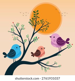 Whimsical flat-design illustration of three colourful birds perched on a stylised tree branch during a vibrant sunset.