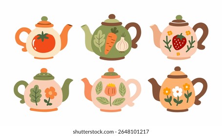 Whimsical flat-style illustration of six decorative garden-themed teapots collection, ideal for garden lovers and vegetable-themed designs.