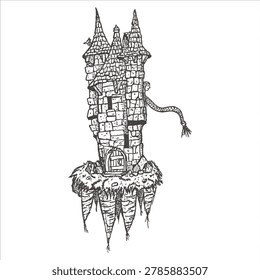 Whimsical floating castle tower with spiky icicle like foundations floating whimsical fairytale