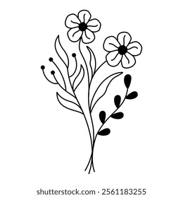 Whimsical Floral Arrangement Line Art, Bouquet Illustration Leaves, Decorative Stems, Dots and Organic Composition