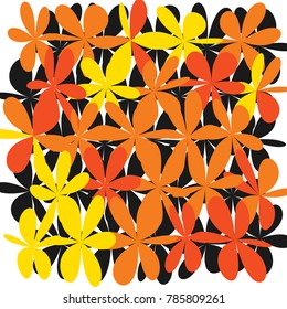 Whimsical Floral  Background, orange, yellow Flower on Black, Exquisite Gentle Floral Graphic Ornament, Minimalistic Fashion Ornament