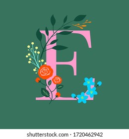 Whimsical floral botanical monogram alphabet - capital E vector elements with pine green background and pink font