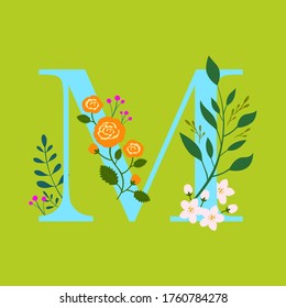 Whimsical floral botanical monogram alphabet - capital M vector elements with lime green background and sky blue type