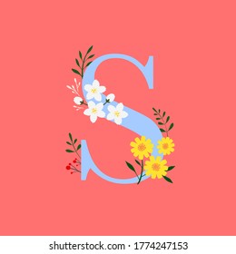 Whimsical floral botanical monogram alphabet - capital S vector elements with salmon colour background and baby blue font	
