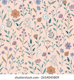 Whimsical floral design featuring a variety of delicate hand-drawn flowers and leafy sprigs.