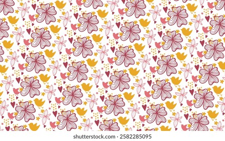 Whimsical floral and fauna pattern with playful birds and hearts adding charm and a touch of nature-inspired elegance to a delightful design concept