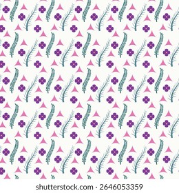 Whimsical Floral and Geometric Seamless Pattern – Cute Spring Nature Background with Leaves and Triangles