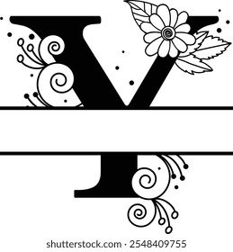 Whimsical Floral Letter Y, Split Alphabet Monogram, Black and White Typography Family Name Sign