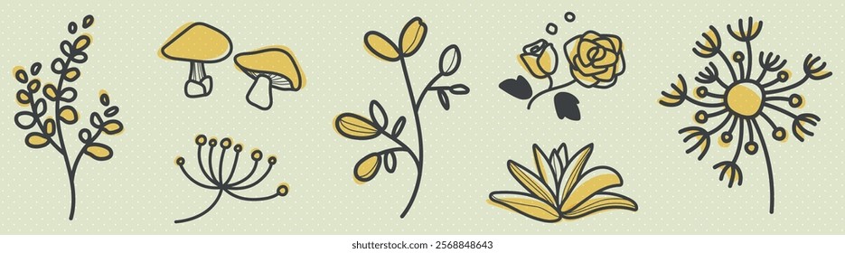 Whimsical floral and mushroom illustrations in yellow and gray. Playful flowers and mushrooms with delicate leaves. Botanical art with flowers and mushrooms. Floral line art vector set.