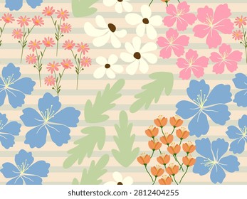 Whimsical Floral Pattern: A charming and seamless pattern featuring a delightful arrangement of assorted flowers and leaves in soft, pastel hues.