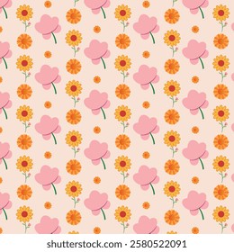 Whimsical Floral Pattern with Pink and Yellow Flowers on Light Beige Background