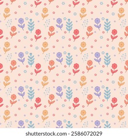 Whimsical Floral Pattern with Red, Orange, Blue, and Purple Flowers