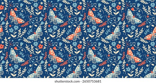 A whimsical floral seamless pattern featuring vibrant butterflies, delicate flowers, and lush florals. Vintage folk motif