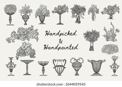 Whimsical floral set with bouquets in elegant vases and ornate empty vessels. Great for printables, packaging, cards, or home decor. Vector illustration.