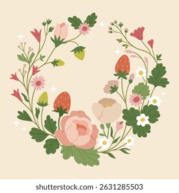 Whimsical floral wreath with strawberries, daisies, peonies, and wildflowers in soft pastel colors. Delicate hand-drawn botanical composition in a circular frame. Perfect for wedding invitations 