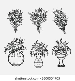 Whimsical flower bouquet and vases hand drawn illustration doodle style