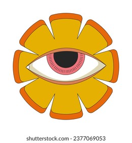 Caricatura lineal 2D para el ojo de la flor caprichosa. Culto de la marisquería rural. Imaginación espiritual floreciente aislada línea vector elemento fondo blanco. Fantasía alucinación color de la ilustración de manchas planas