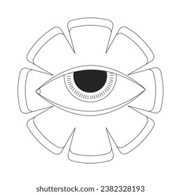 Whimsical flower eye black and white 2D line cartoon object. Rural marigold occult. Blossom spiritual imagination isolated vector outline item. Fantasy hallucinate monochromatic flat spot illustration