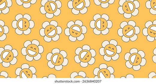Whimsical flower faces in seamless retro pattern. Cartoon white daisies with smiles on yellow background. Childish, dreamy and cheerful design for any creative purpose