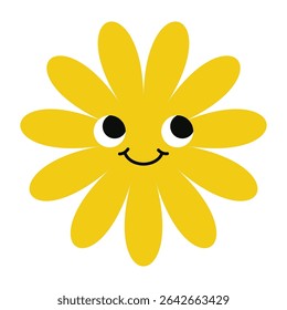Whimsical flower with happy eyes and playful expression. Iconic emoji blend of cartoon and floral art.