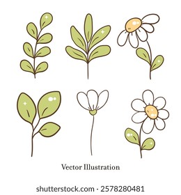 Whimsical Flower and Leaf, Vector Illustration