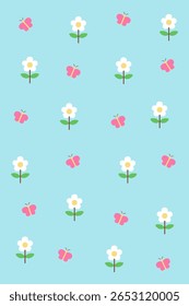 Whimsical flowers and butterflies in a seamless pattern on soft blue. Perfect for baby shower decor, summer fabrics, or calming nature-inspired designs.